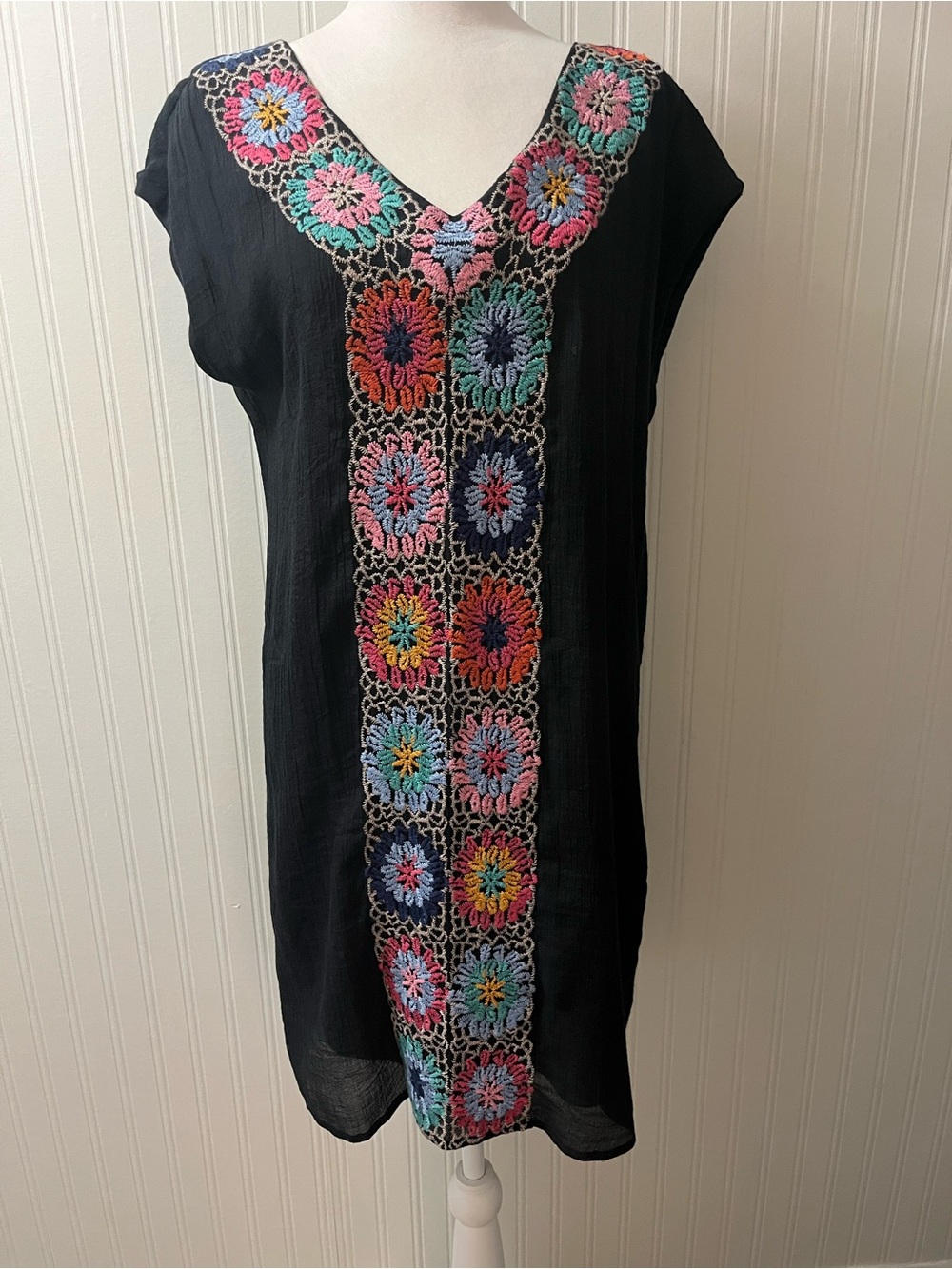 THML Black Tunic with Multicolor Crochet Panel